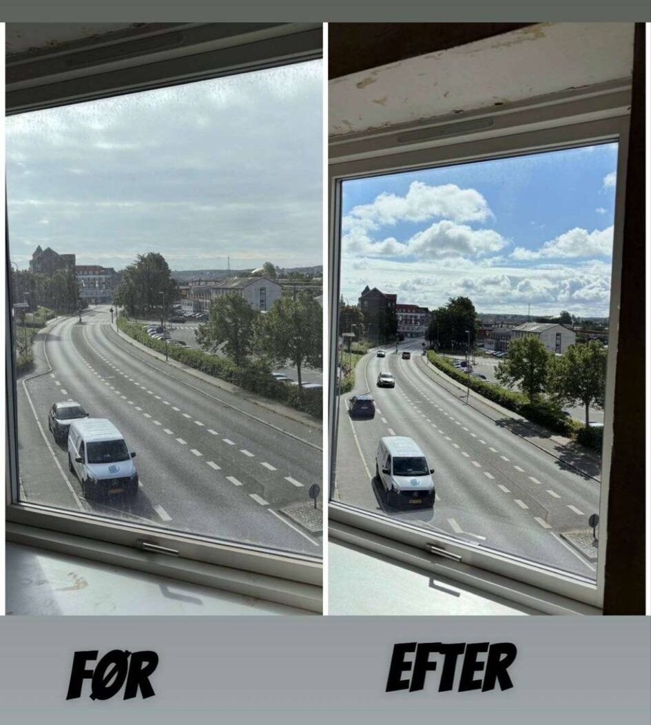 Indendørs vinduespudsning før/efter